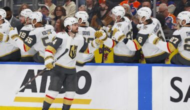 Apr 4, 2026; Edmonton, Alberta, CAN; The Vegas Golden Knights celebrate a goal by defenseman Rasmus Anderson (4) during the third period against the Edmonton Oilers at Rogers Place. Mandatory Credit: Perry Nelson-Imagn Images