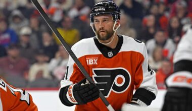 Mar 9, 2026; Philadelphia, Pennsylvania, USA; Philadelphia Flyers center Luke Glendening (41) against the New York Rangers at Xfinity Mobile Arena.