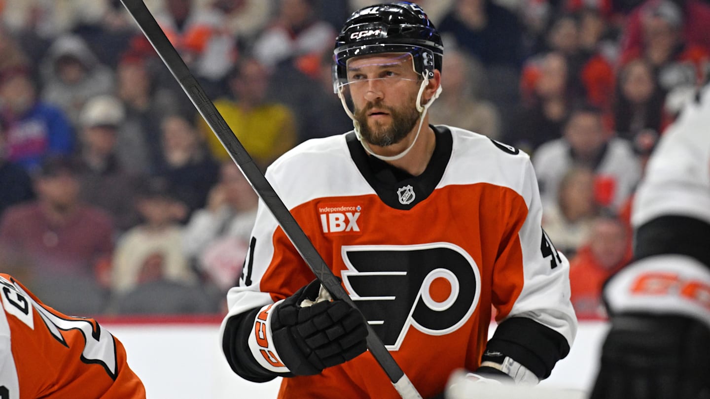 Mar 9, 2026; Philadelphia, Pennsylvania, USA; Philadelphia Flyers center Luke Glendening (41) against the New York Rangers at Xfinity Mobile Arena.