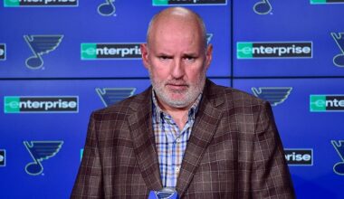 Feb 18, 2020; St. Louis, Missouri, USA;  St. Louis Blues general manager Doug Armstrong talks with the media about the acquisition of defenseman Marco Scandella from the Montreal Canadians prior to a game against the New Jersey Devils at Enterprise Center. Mandatory Credit: Jeff Curry-Imagn Images