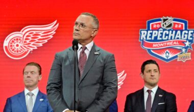 Jul 7, 2022; Montreal, Quebec, CANADA; Detroit Red Wings general manager Steve Yzerman announces Marco Kasper (not pictured) as the number eight overall pick to the Detroit Red Wings in the first round of the 2022 NHL Draft at Bell Centre. Mandatory Credit: Eric Bolte-Imagn Images