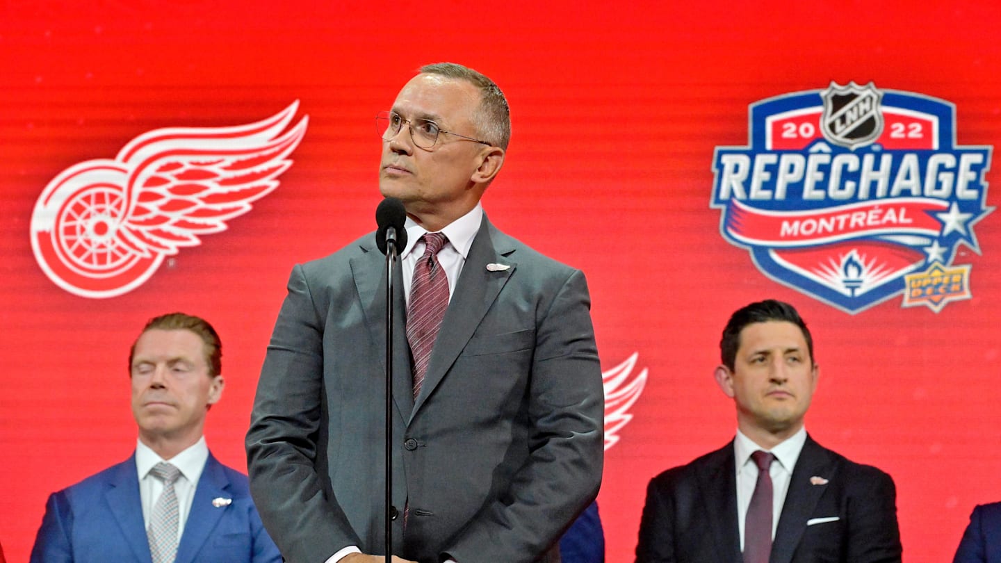 Jul 7, 2022; Montreal, Quebec, CANADA; Detroit Red Wings general manager Steve Yzerman announces Marco Kasper (not pictured) as the number eight overall pick to the Detroit Red Wings in the first round of the 2022 NHL Draft at Bell Centre. Mandatory Credit: Eric Bolte-Imagn Images
