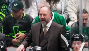 Apr 19, 2025; Dallas, Texas, USA; Dallas Stars head coach Peter DeBoer talks with his team during the third period in game one of the first round of the 2025 Stanley Cup Playoffs against the Colorado Avalanche at American Airlines Center. Mandatory Credit: Raymond Carlin III-Imagn Images