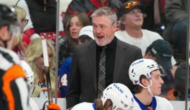 Apr 4, 2026; Raleigh, North Carolina, USA;  New York Islanders head coach Patrick Roy reacts against the Carolina Hurricanes during the first period at Lenovo Center. Mandatory Credit: James Guillory-Imagn Images