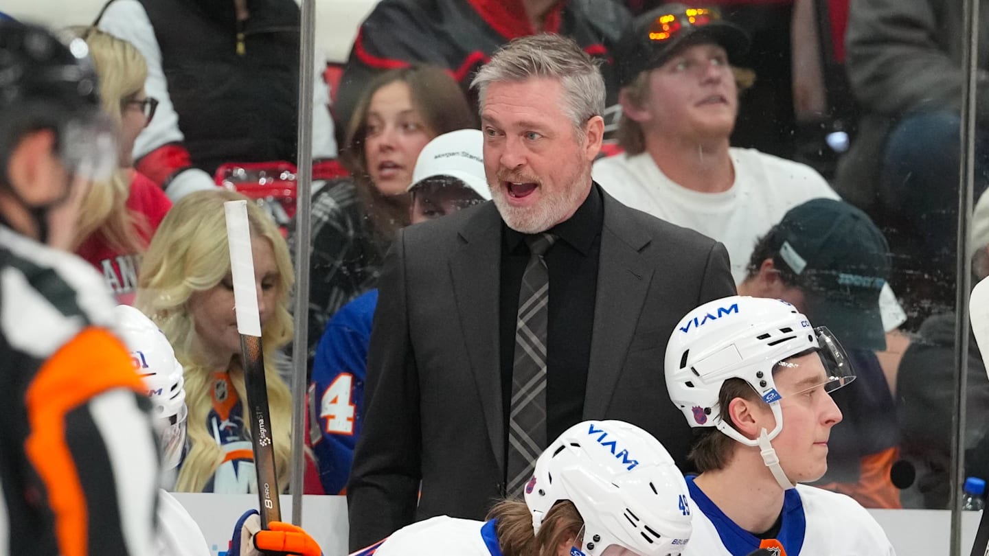 Apr 4, 2026; Raleigh, North Carolina, USA;  New York Islanders head coach Patrick Roy reacts against the Carolina Hurricanes during the first period at Lenovo Center. Mandatory Credit: James Guillory-Imagn Images