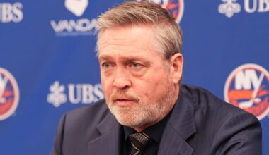 Apr 3, 2026; Elmont, New York, USA;  New York Islanders head coach Patrick Roy speaks to the media after their loss to the Philadelphia Flyers at UBS Arena. Mandatory Credit: Alexander Wohl-Imagn Images