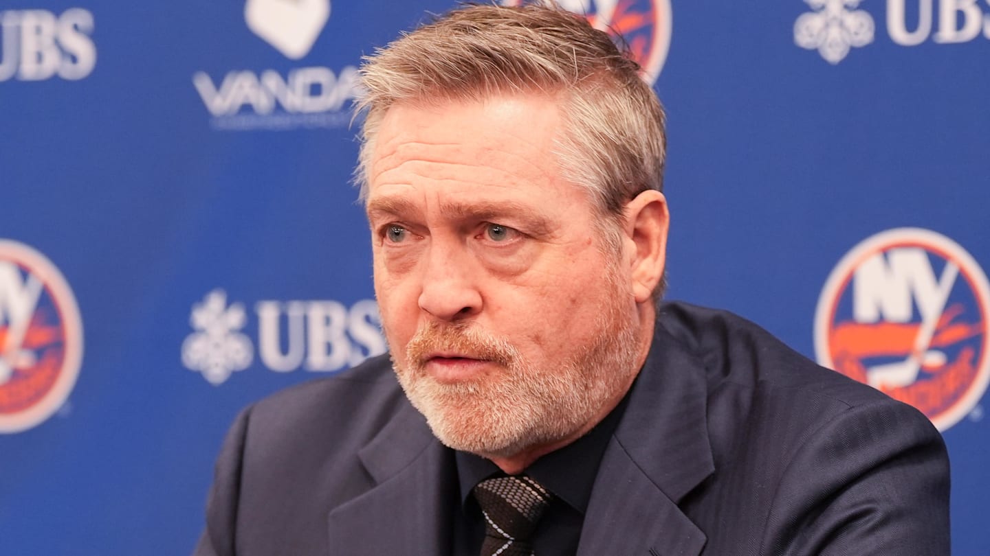 Apr 3, 2026; Elmont, New York, USA;  New York Islanders head coach Patrick Roy speaks to the media after their loss to the Philadelphia Flyers at UBS Arena. Mandatory Credit: Alexander Wohl-Imagn Images