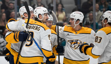 Apr 4, 2026; San Jose, California, USA; Nashville Predators left winger Filip Forsberg (9) celebrates their goal with teammates in the first period at SAP Center at San Jose. Mandatory Credit: Eakin Howard-Imagn Images