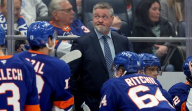 Mar 28, 2026; Elmont, New York, USA; New York Islanders head coach Patrick Roy reacts as he coaches against the Florida Panthers during the first period at UBS Arena. Mandatory Credit: Brad Penner-Imagn Images