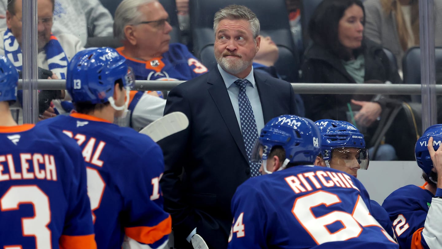 Mar 28, 2026; Elmont, New York, USA; New York Islanders head coach Patrick Roy reacts as he coaches against the Florida Panthers during the first period at UBS Arena. Mandatory Credit: Brad Penner-Imagn Images