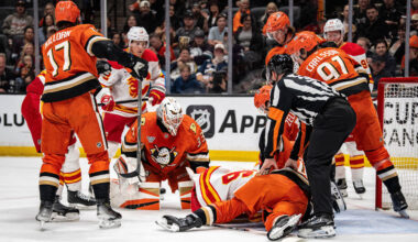 Apr 4, 2026; Anaheim, California, USA; Anaheim Ducks and Calgary Flames pile on around goal during the first period at Honda Center. Mandatory Credit: Corinne Votaw-Imagn Images
