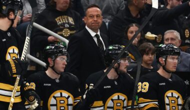 Mar 3, 2026; Boston, Massachusetts, USA; Boston Bruins head coach Marco Sturm behind the bench during the third period against the Pittsburgh Penguins at TD Garden. Mandatory Credit: Winslow Townson-Imagn Images