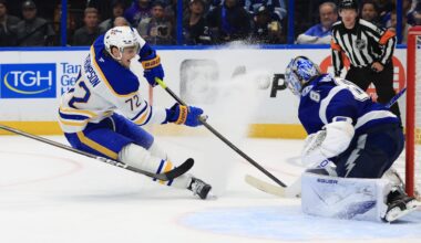 Feb 3, 2026; Tampa, Florida, USA; Buffalo Sabres center Tage Thompson (72) shoots as Tampa Bay Lightning goaltender Andrei Vasilevskiy (88) makes a save during the overtime period at Benchmark International Arena. Mandatory Credit: Kim Klement Neitzel-Imagn Images