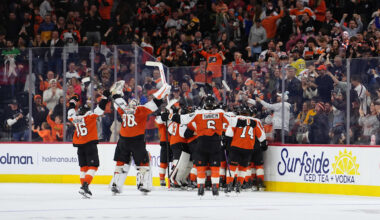 Apr 5, 2026; Philadelphia, Pennsylvania, USA; The Philadelphia Flyers celebrate after the game against the Boston Bruins at Xfinity Mobile Arena.
