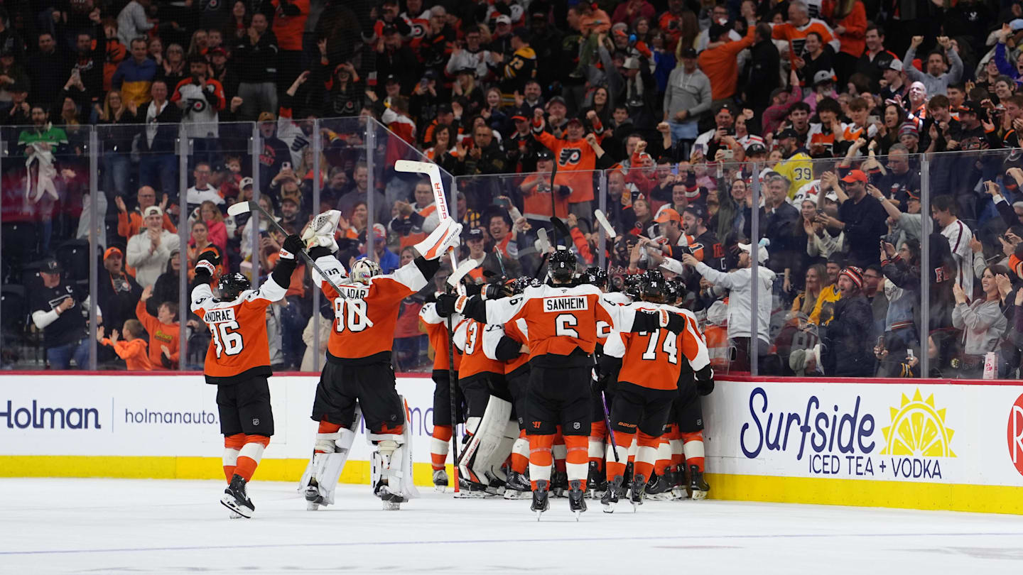Apr 5, 2026; Philadelphia, Pennsylvania, USA; The Philadelphia Flyers celebrate after the game against the Boston Bruins at Xfinity Mobile Arena.