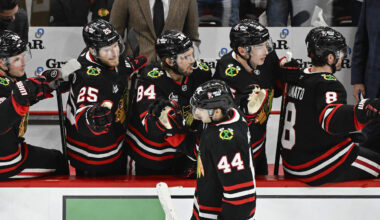 Mar 20, 2026; Chicago, Illinois, USA;  Chicago Blackhawks defenseman Wyatt Kaiser (44) celebrates with teammates after he scores against the Colorado Avalanche during the second period at United Center. Mandatory Credit: Matt Marton-Imagn Images