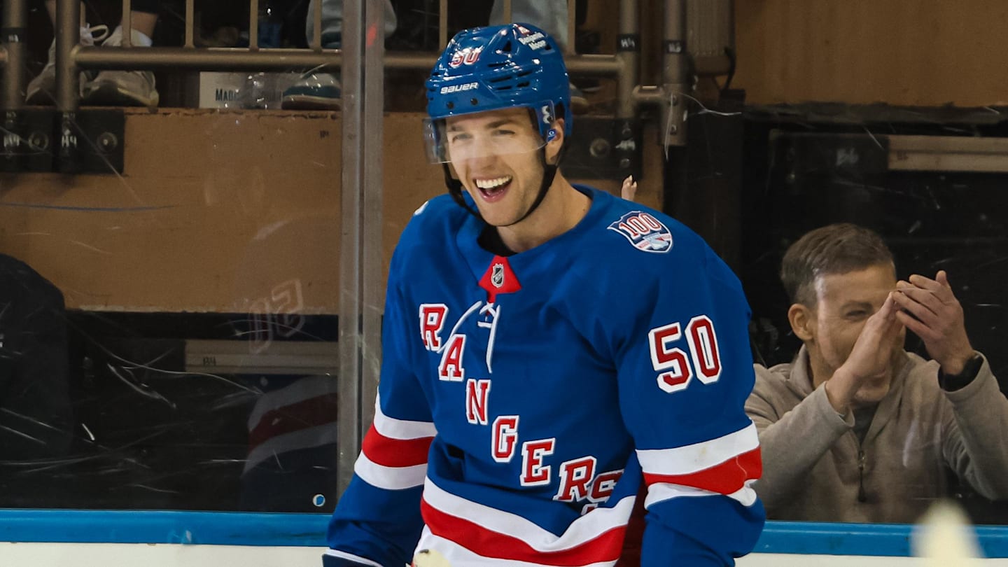 Apr 5, 2026; New York, New York, USA; New York Rangers left wing Will Cuylle (50) celebrates his hat trick goal against the Washington Capitals during the third period at Madison Square Garden. Mandatory Credit: Danny Wild-Imagn Images