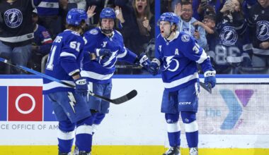Mar 29, 2026; Tampa, Florida, USA; Tampa Bay Lightning defenseman Emil Lilleberg (78) and defenseman Charle-Edouard D'Astous (51) reacts to a goal by  left wing Brandon Hagel (38) against the Nashville Predators in the third period at Benchmark International Arena. Mandatory Credit: Nathan Ray Seebeck-Imagn Images