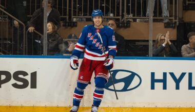 Apr 5, 2026; New York, New York, USA; New York Rangers left wing Will Cuylle (50) celebrates his hat trick goal against the Washington Capitals during the third period at Madison Square Garden. Mandatory Credit: Danny Wild-Imagn Images