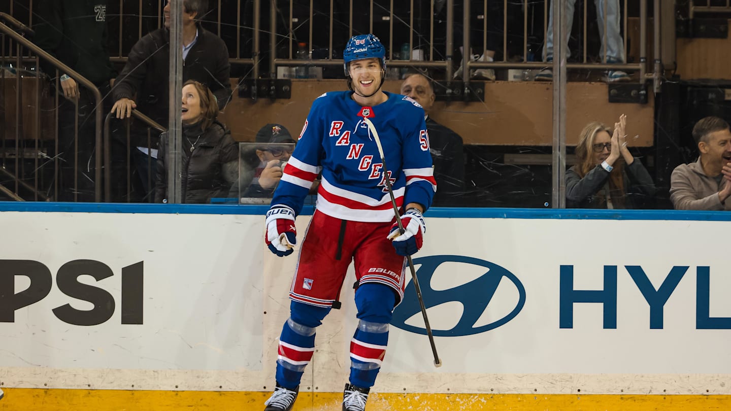 Apr 5, 2026; New York, New York, USA; New York Rangers left wing Will Cuylle (50) celebrates his hat trick goal against the Washington Capitals during the third period at Madison Square Garden. Mandatory Credit: Danny Wild-Imagn Images