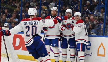 Mar 31, 2026; Tampa, Florida, USA;  Montreal Canadian right wing Cole Caufield (13) celebrates with his teammates after scoring a goal  in the second period against the Tampa Bay Lightning at Benchmark International Arena. Mandatory Credit: Jonathan Dyer-Imagn Images