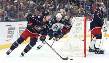 Apr 4, 2026; Columbus, Ohio, USA; Columbus Blue Jackets defenseman Zach Werenski (8) skates with the puck as Winnipeg Jets center Gabriel Vilardi (13) trails the play during the first period at Nationwide Arena. Mandatory Credit: Russell LaBounty-Imagn Images