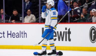 Apr 5, 2026; Denver, Colorado, USA; St. Louis Blues center Robert Thomas (18) after his hat trick goal against the Colorado Avalanche in the third period at Ball Arena. Mandatory Credit: Isaiah J. Downing-Imagn Images
