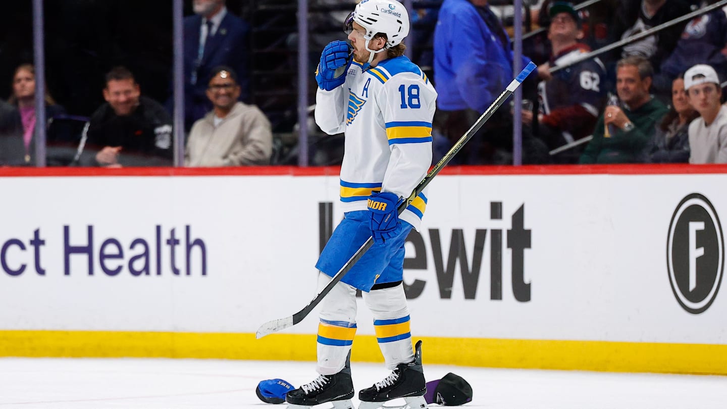Apr 5, 2026; Denver, Colorado, USA; St. Louis Blues center Robert Thomas (18) after his hat trick goal against the Colorado Avalanche in the third period at Ball Arena. Mandatory Credit: Isaiah J. Downing-Imagn Images