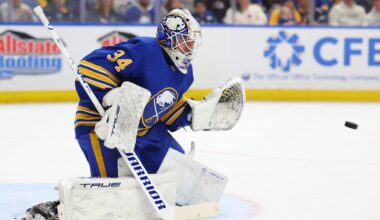 Mar 7, 2026; Buffalo, New York, USA;  Buffalo Sabres goaltender Alex Lyon (34) looks to make a glove save during the third period against the Nashville Predators at KeyBank Center. Mandatory Credit: Timothy T. Ludwig-Imagn Images