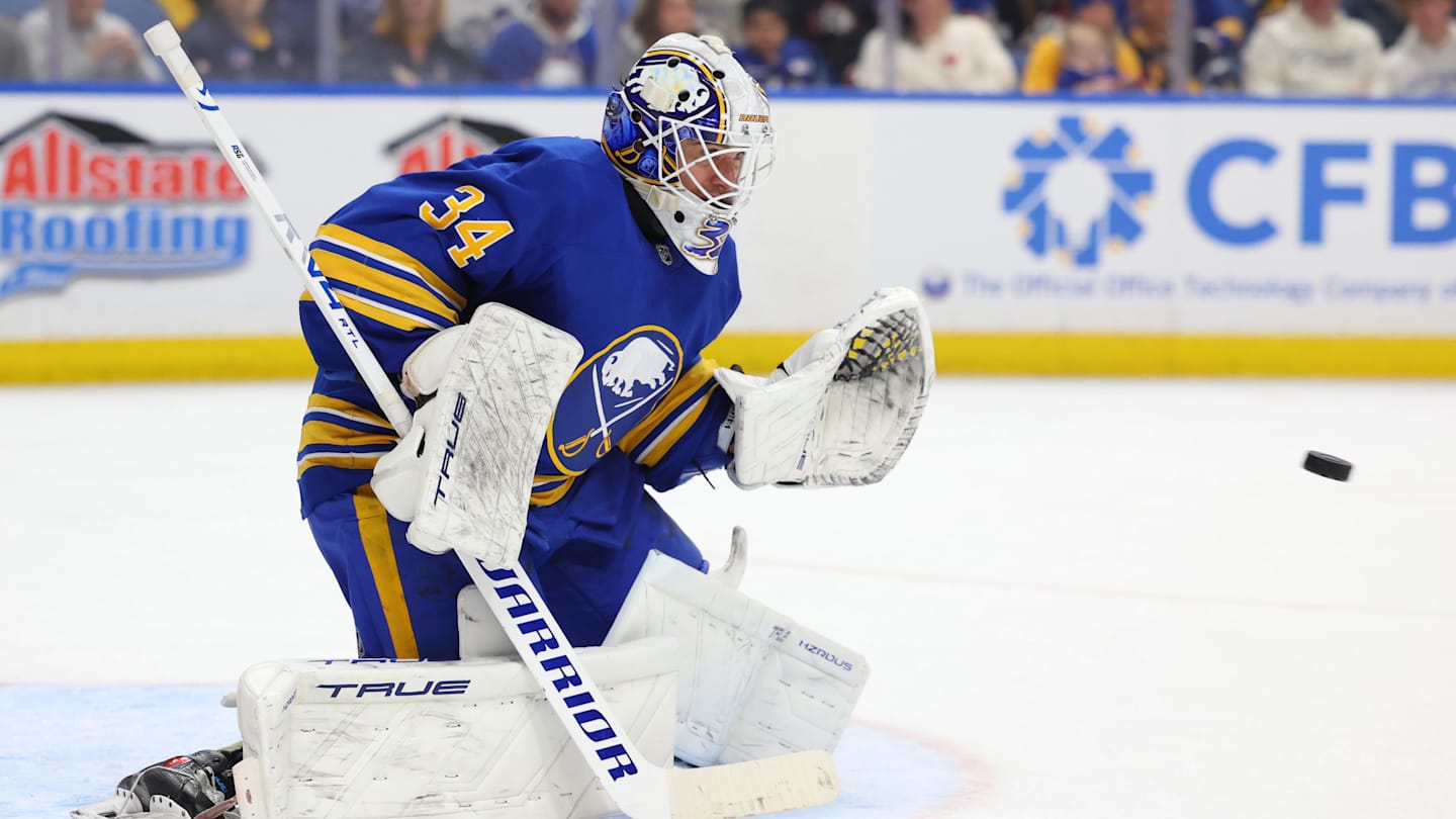 Mar 7, 2026; Buffalo, New York, USA;  Buffalo Sabres goaltender Alex Lyon (34) looks to make a glove save during the third period against the Nashville Predators at KeyBank Center. Mandatory Credit: Timothy T. Ludwig-Imagn Images