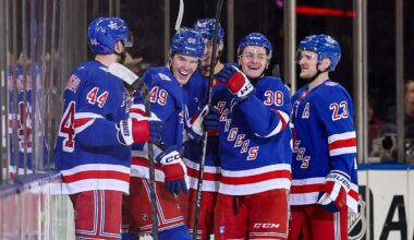 Apr 4, 2026; New York, New York, USA; New York Rangers right wing Jaroslav Chmelar (49) celebrates his goal against the Detroit Red Wings during the first period at Madison Square Garden. Mandatory Credit: Danny Wild-Imagn Images