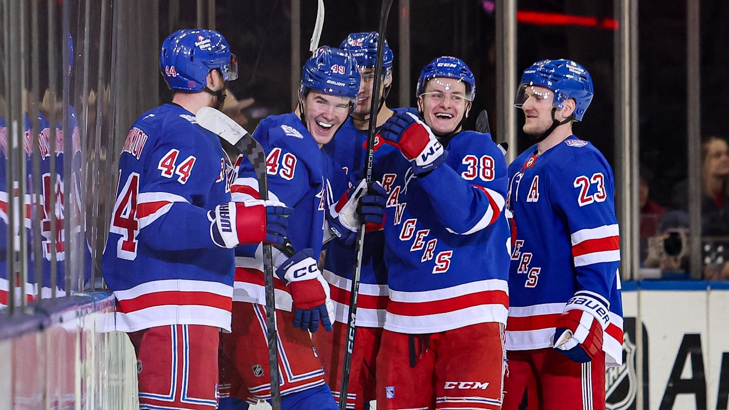 Apr 4, 2026; New York, New York, USA; New York Rangers right wing Jaroslav Chmelar (49) celebrates his goal against the Detroit Red Wings during the first period at Madison Square Garden. Mandatory Credit: Danny Wild-Imagn Images