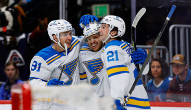 Apr 5, 2026; Denver, Colorado, USA; St. Louis Blues center Robert Thomas (18) celebrates his third goal of the game with left wing Dylan Holloway (81) and right wing Jimmy Snuggerud (21) in the third period against the Colorado Avalanche at Ball Arena. Mandatory Credit: Isaiah J. Downing-Imagn Images