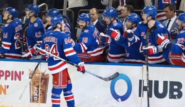 Apr 4, 2026; New York, New York, USA; New York Rangers right wing Gabe Perreault (94) celebrates his hat trick against the Detroit Red Wings during the third period at Madison Square Garden. Mandatory Credit: Danny Wild-Imagn Images