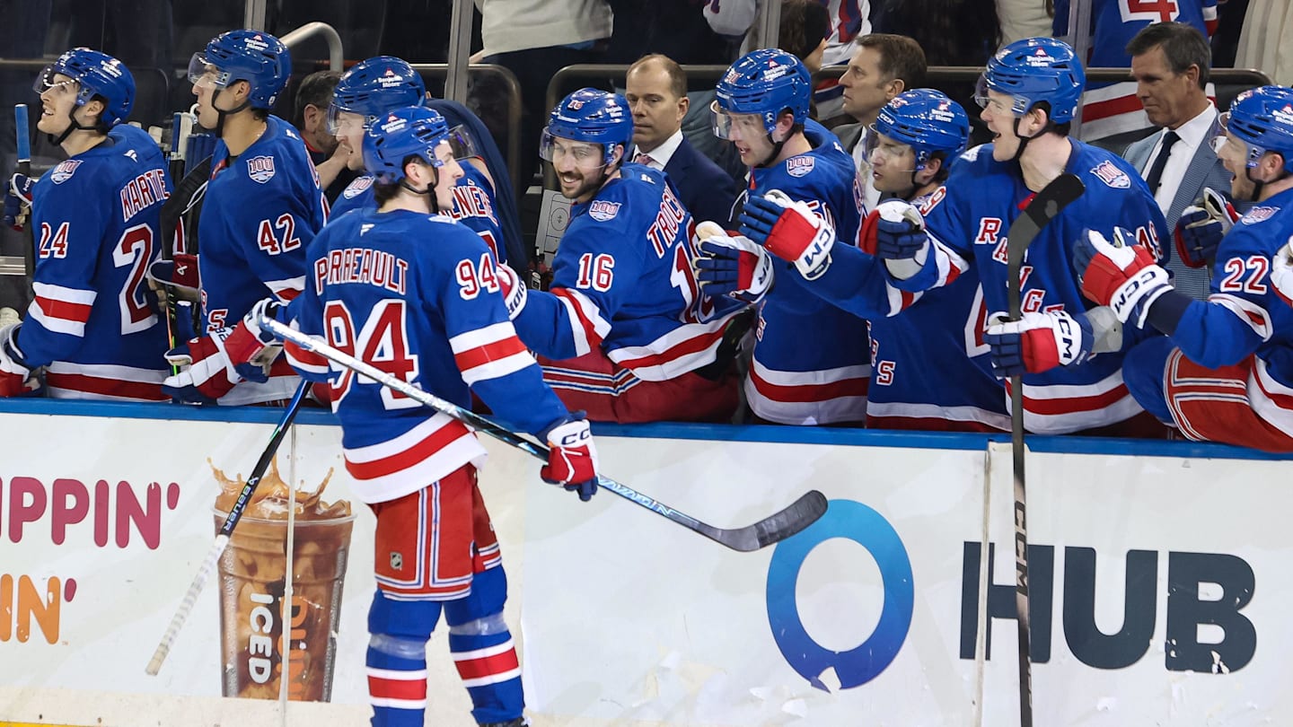 Apr 4, 2026; New York, New York, USA; New York Rangers right wing Gabe Perreault (94) celebrates his hat trick against the Detroit Red Wings during the third period at Madison Square Garden. Mandatory Credit: Danny Wild-Imagn Images