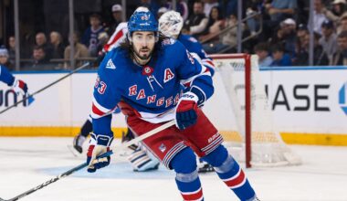 Apr 5, 2026; New York, New York, USA; New York Rangers center Mika Zibanejad (93) skates against the Washington Capitals during the second period at Madison Square Garden. Mandatory Credit: Danny Wild-Imagn Images