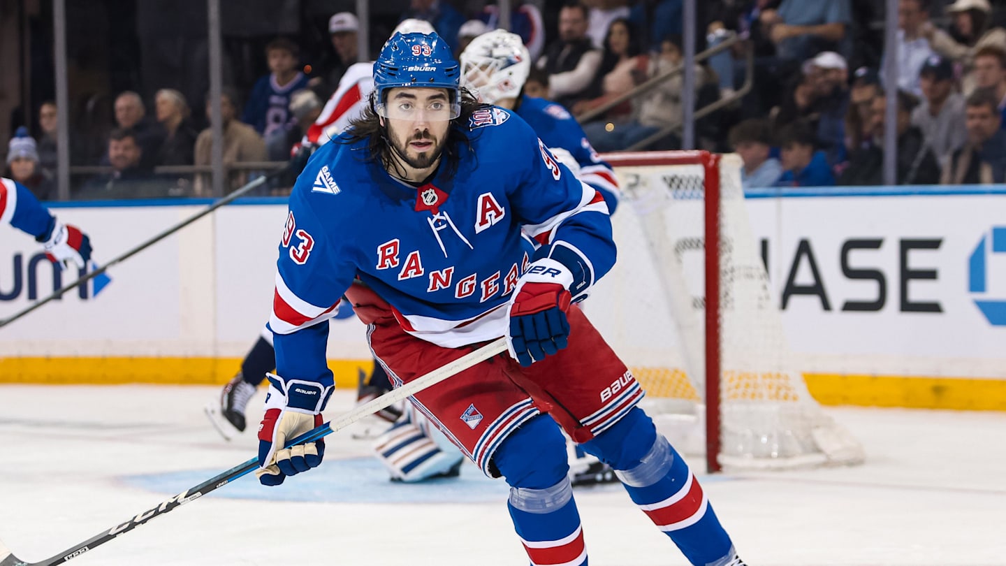 Apr 5, 2026; New York, New York, USA; New York Rangers center Mika Zibanejad (93) skates against the Washington Capitals during the second period at Madison Square Garden. Mandatory Credit: Danny Wild-Imagn Images