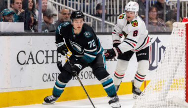 Mar 13, 2025; San Jose, California, USA; San Jose Sharks left wing William Eklund (72) skates with the puck during the third period against the Chicago Blackhawks at SAP Center at San Jose. Mandatory Credit: Bob Kupbens-Imagn Images
