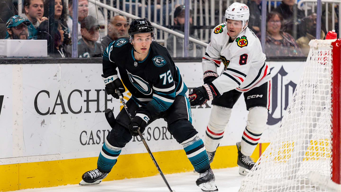 Mar 13, 2025; San Jose, California, USA; San Jose Sharks left wing William Eklund (72) skates with the puck during the third period against the Chicago Blackhawks at SAP Center at San Jose. Mandatory Credit: Bob Kupbens-Imagn Images