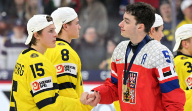 Jan 5, 2026; St. Paul, Minnesota, USA; Sweden forward Ivar Stenberg (15) and Czechia defensemen Adam Jiricek (5) shake hands after the final of the 2026 IIHF World Junior Championship ice hockey tournament at Grand Casino Arena. Mandatory Credit: Nick Wosika-Imagn Images