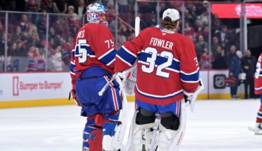 Mar 26, 2026; Montreal, Quebec, CAN; Montreal Canadiens goalie Jakub Dobes (75) celebrates the win against the Columbus Blue Jackets with teammate goalie Jacob Fowler (32) at the Bell Centre. Mandatory Credit: Eric Bolte-Imagn Images