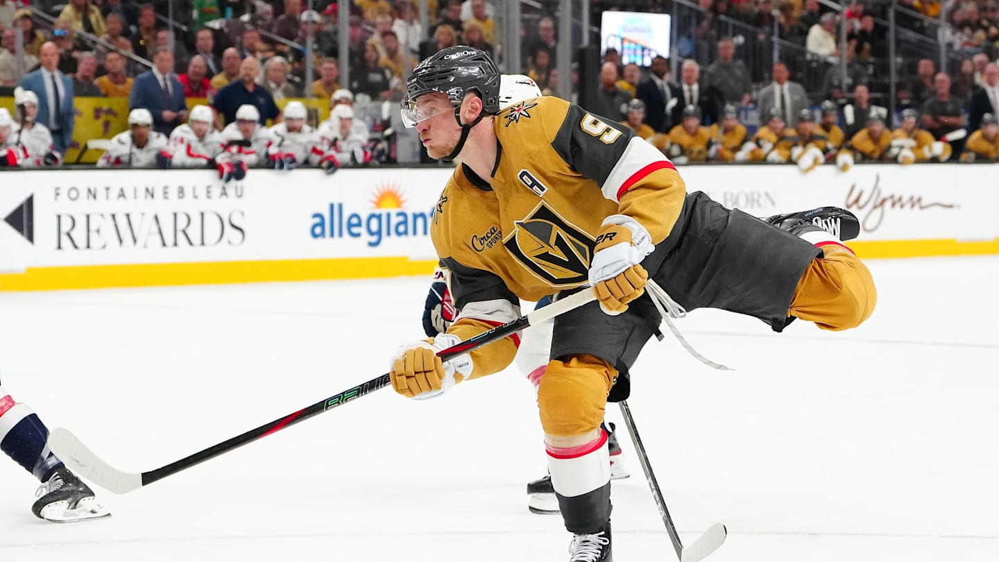 Mar 28, 2026; Las Vegas, Nevada, USA; Vegas Golden Knights center Jack Eichel (9) shoots against the Washington Capitals during the third period at T-Mobile Arena. Mandatory Credit: Stephen R. Sylvanie-Imagn Images