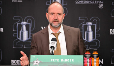 May 29, 2025; Dallas, Texas, USA; Dallas Stars head coach Pete DeBoer speaks to the media after the game against the Edmonton Oilers in game five of the Western Conference Final of the 2025 Stanley Cup Playoffs at American Airlines Center. Mandatory Credit: Jerome Miron-Imagn Images