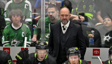 Nov 18, 2023; Dallas, Texas, USA; Dallas Stars head coach Pete DeBoer watches the game between the Dallas Stars and the Colorado Avalanche during the first period at the American Airlines Center. Mandatory Credit: Jerome Miron-Imagn Images