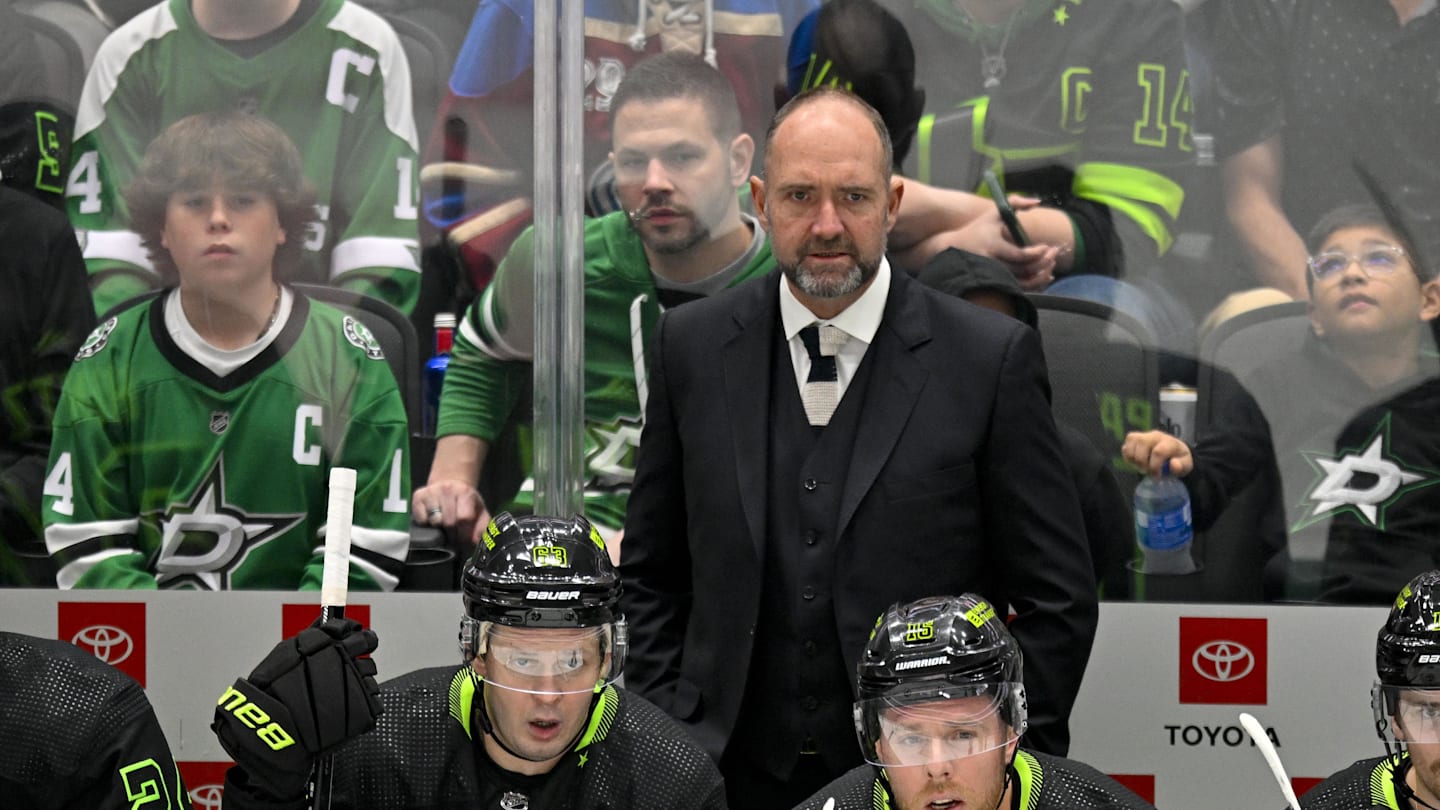 Nov 18, 2023; Dallas, Texas, USA; Dallas Stars head coach Pete DeBoer watches the game between the Dallas Stars and the Colorado Avalanche during the first period at the American Airlines Center. Mandatory Credit: Jerome Miron-Imagn Images