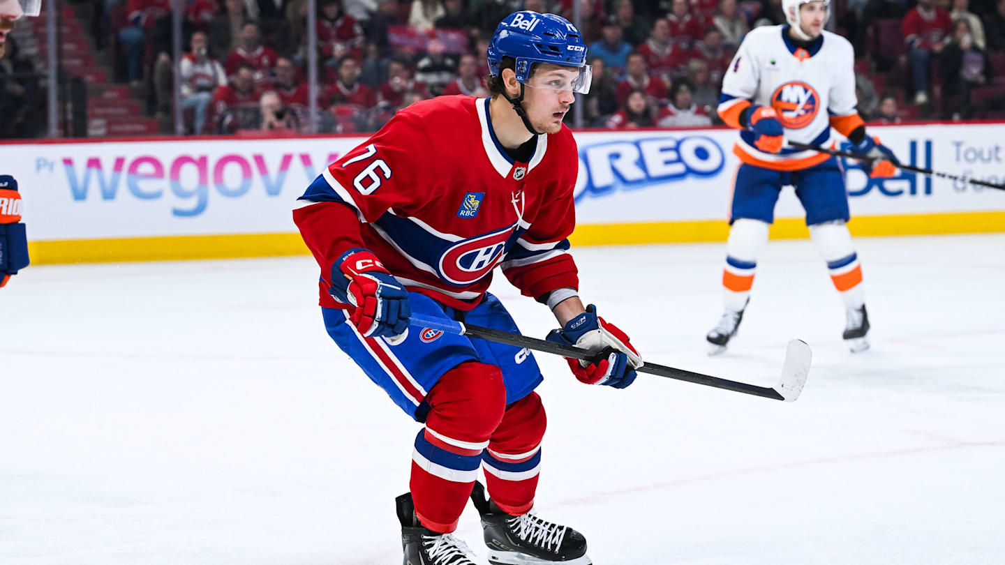 Mar 21, 2026; Montreal, Quebec, CAN; Montreal Canadiens right wing Zachary Bolduc (76) skates against the New York Islanders during the third period at Bell Centre. Mandatory Credit: David Kirouac-Imagn Images