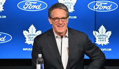 May 21, 2024; Toronto, Ontario, CANADA;  Toronto Maple Leafs president Brendan Shanahan speaks during a media conference to introduce new head coach Craig Berube (not shown) at Ford Performance Centre. Mandatory Credit: Dan Hamilton-Imagn Images