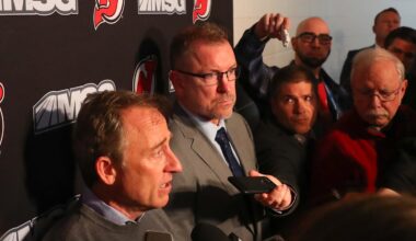 Jan 12, 2020; Newark, New Jersey, USA; New Jersey Devils owner Joshua Harris speaks to the media alongside interim general manager Tom Fitzgerald after the Devils and former general manager Ray Shero reached an agreement to part ways prior to the start of the NHL game between the New Jersey Devils and the Tampa Bay Lightning at Prudential Center. Mandatory Credit: Ed Mulholland-Imagn Images
