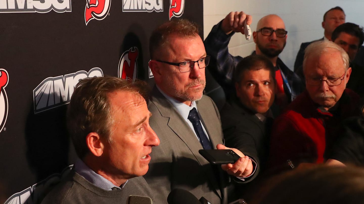 Jan 12, 2020; Newark, New Jersey, USA; New Jersey Devils owner Joshua Harris speaks to the media alongside interim general manager Tom Fitzgerald after the Devils and former general manager Ray Shero reached an agreement to part ways prior to the start of the NHL game between the New Jersey Devils and the Tampa Bay Lightning at Prudential Center. Mandatory Credit: Ed Mulholland-Imagn Images