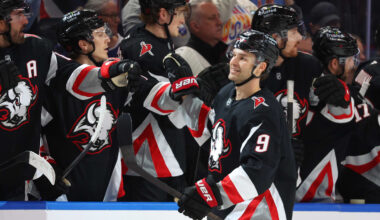 Apr 6, 2026; Buffalo, New York, USA;  Buffalo Sabres center Josh Norris (9) celebrates his goal with teammates during the first period against the Tampa Bay Lightning at KeyBank Center. Mandatory Credit: Timothy T. Ludwig-Imagn Images